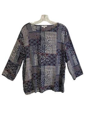 Jake's Womens Size M Blue Patchwork 3/4 Sleeve Wide Neck Loose Fit Blouse Top